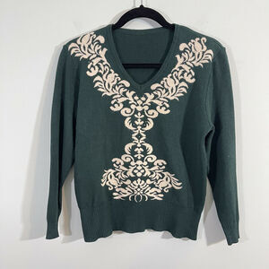 Vintage 70's Women's Green Graphics Rhinestone Graphics Fitted Sweater Size XS